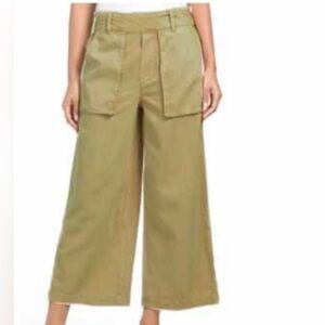 YOUNG FABULOUS BROKE MUSTARD GREEN WIDE LEG CROP FLOWY PANTS WOMENS MEDIUM